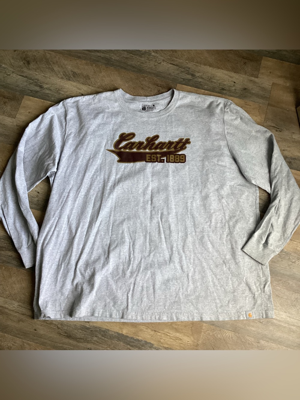 Carhartt Light Gray Long Sleeve Logo Tee with Brown Accent